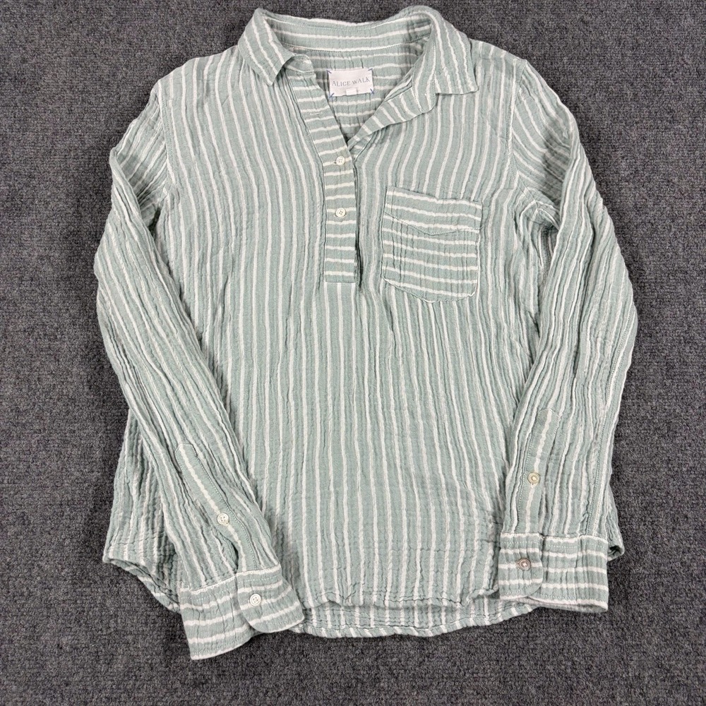 Alice Walk Top Womens XS Guaze Green White Striped Cloud Popover Organic Cotton